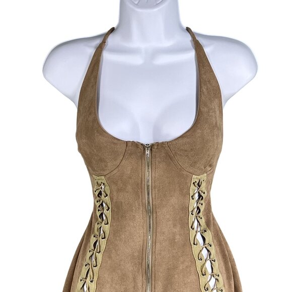 Better Be L Tan Vegan Suede Mini Dress Zip Front Lace Up Stretchy Costal Cowgirl - Picture 3 of 16